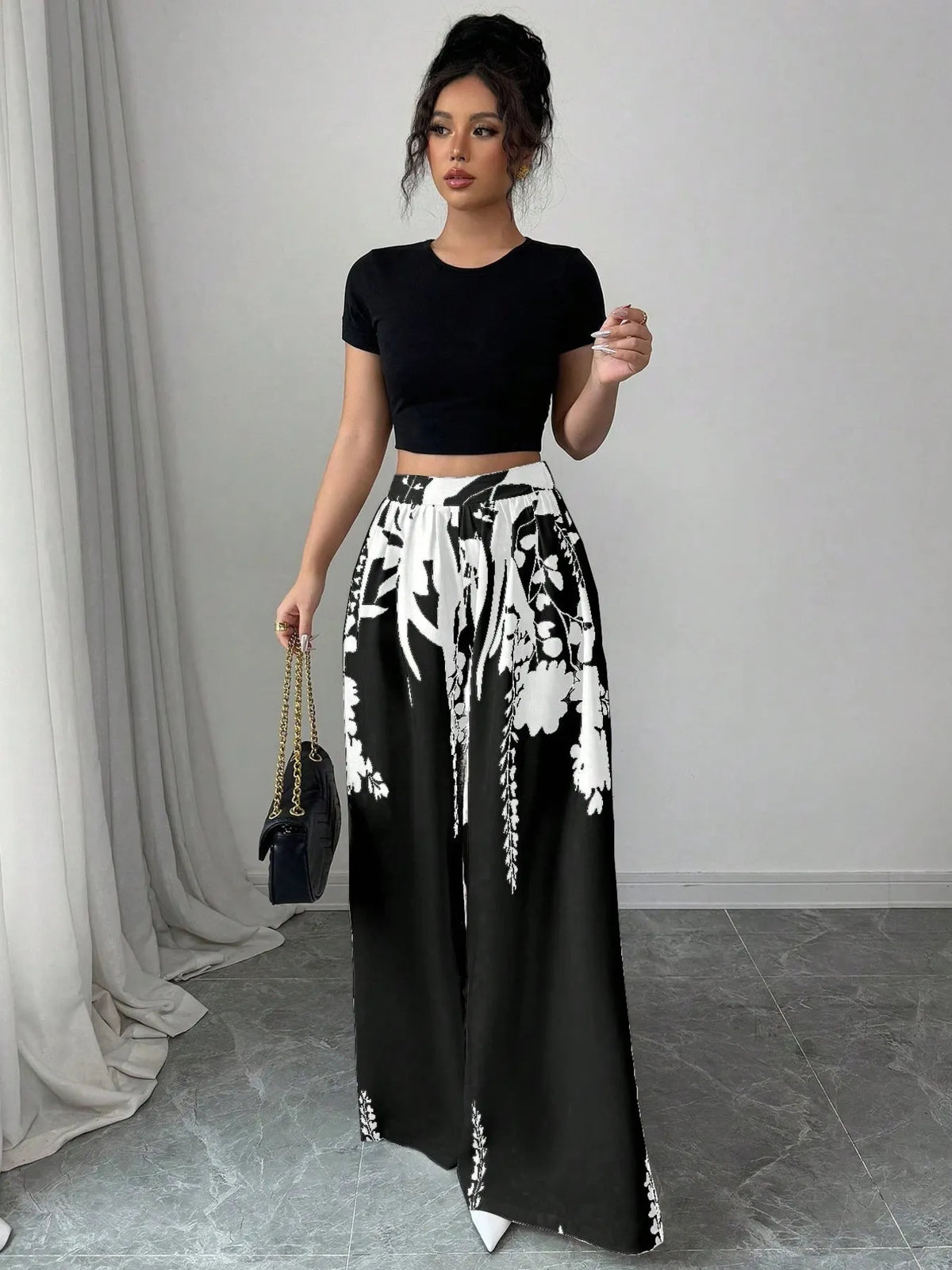 Printed Wide Leg Pants with floral boho pattern model walking