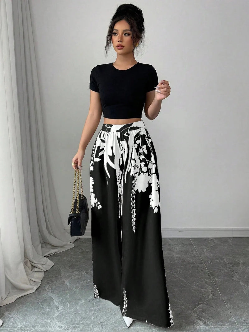 Printed Wide Leg Pants with floral boho pattern model walking