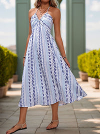 Tied Printed Halter Neck Sleeveless Midi Dress Trandify deal