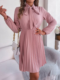 Tie Neck Balloon Sleeve Pleated Dress Trandify deal