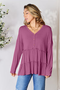 Double Take Half Button Long Sleeve Ruffle Hem Blouse Trandify Deal