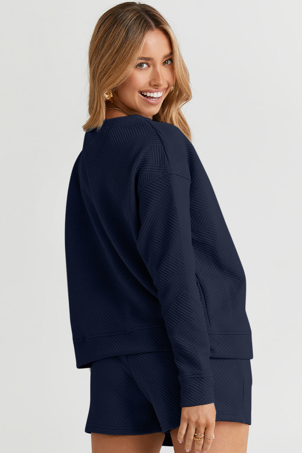 Double Take Full Size Texture Long Sleeve Top and Drawstring Shorts Set Trandify Deal