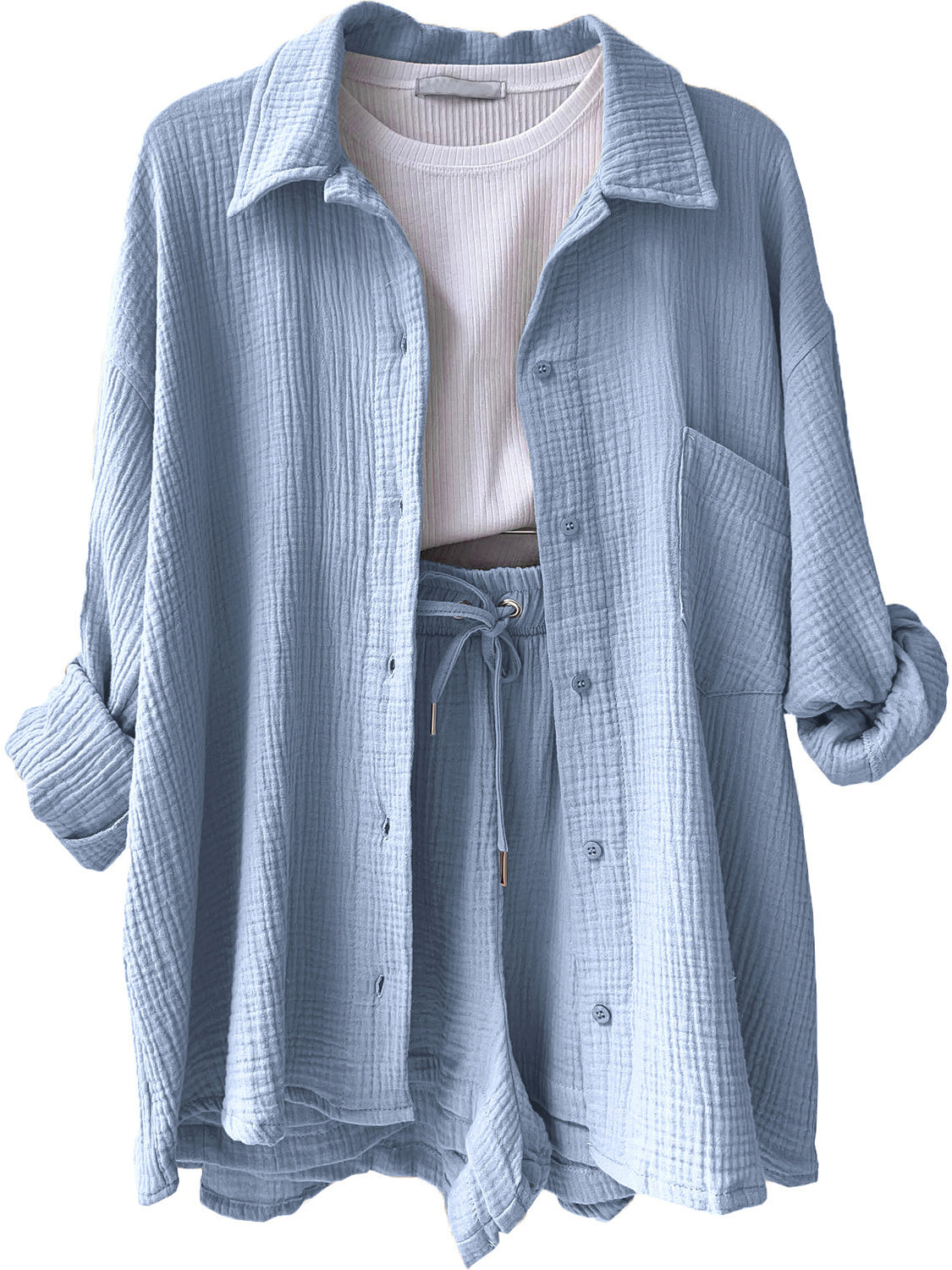 Texture Button Up Shirt and Drawstring Shorts Set Trandify deal