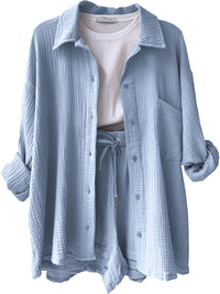 Texture Button Up Shirt and Drawstring Shorts Set Trandify deal