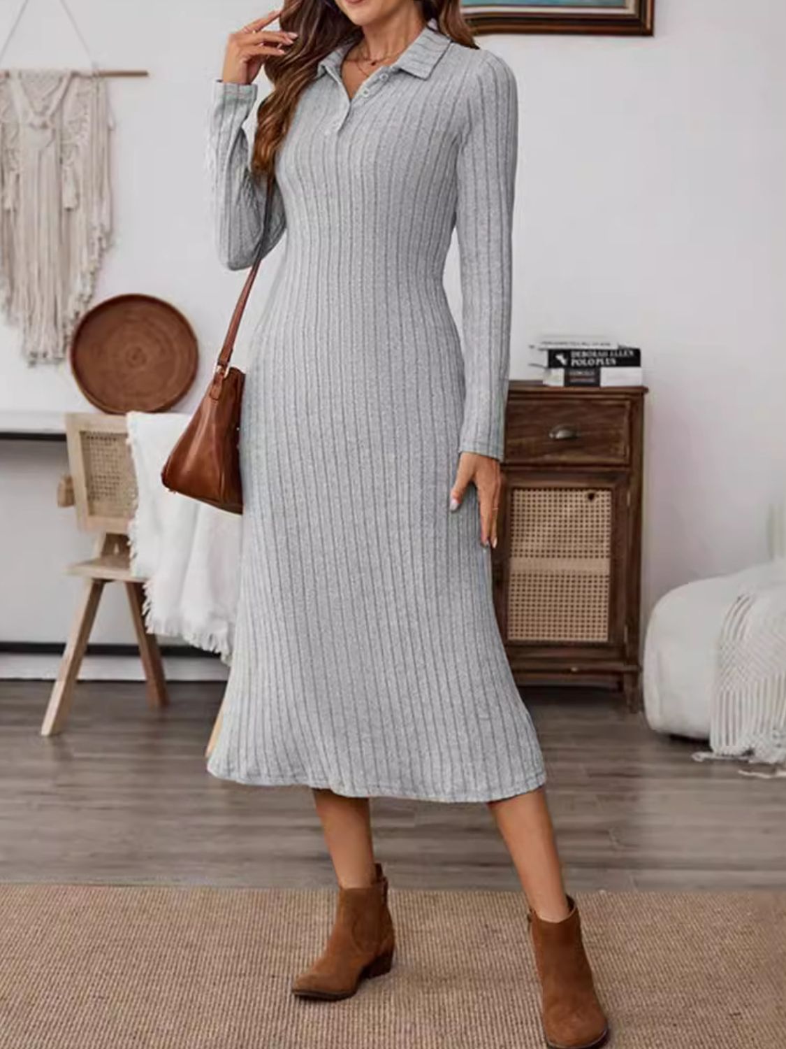 Collared Neck Long Sleeve Midi Dress Trandify Deal