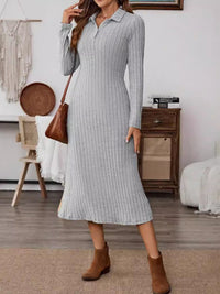 Collared Neck Long Sleeve Midi Dress Trandify Deal
