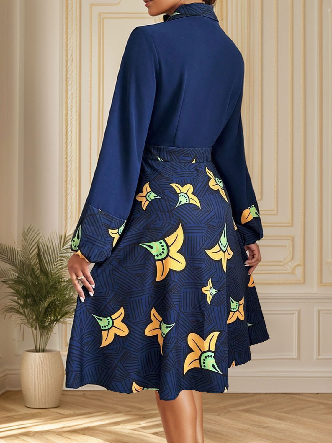 Printed Collared Neck Long Sleeve Dress Trandify Deal