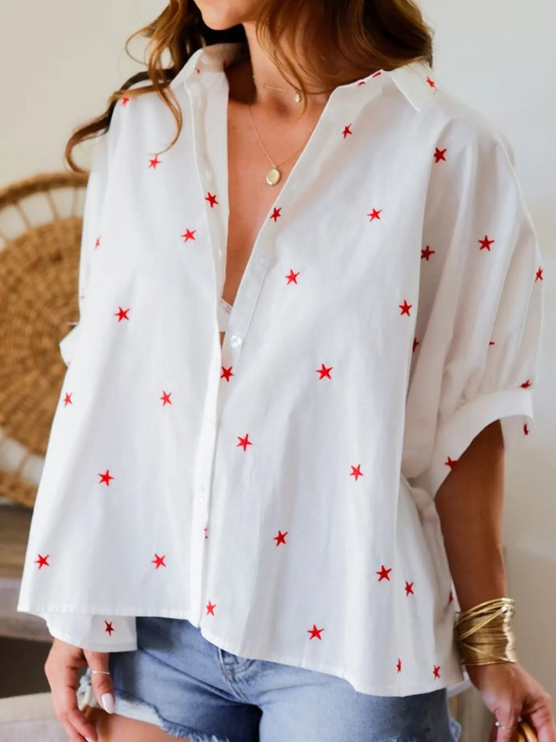 Star print puff sleeve button-up shirt for women – trendy vintage blouse for casual and office outfits