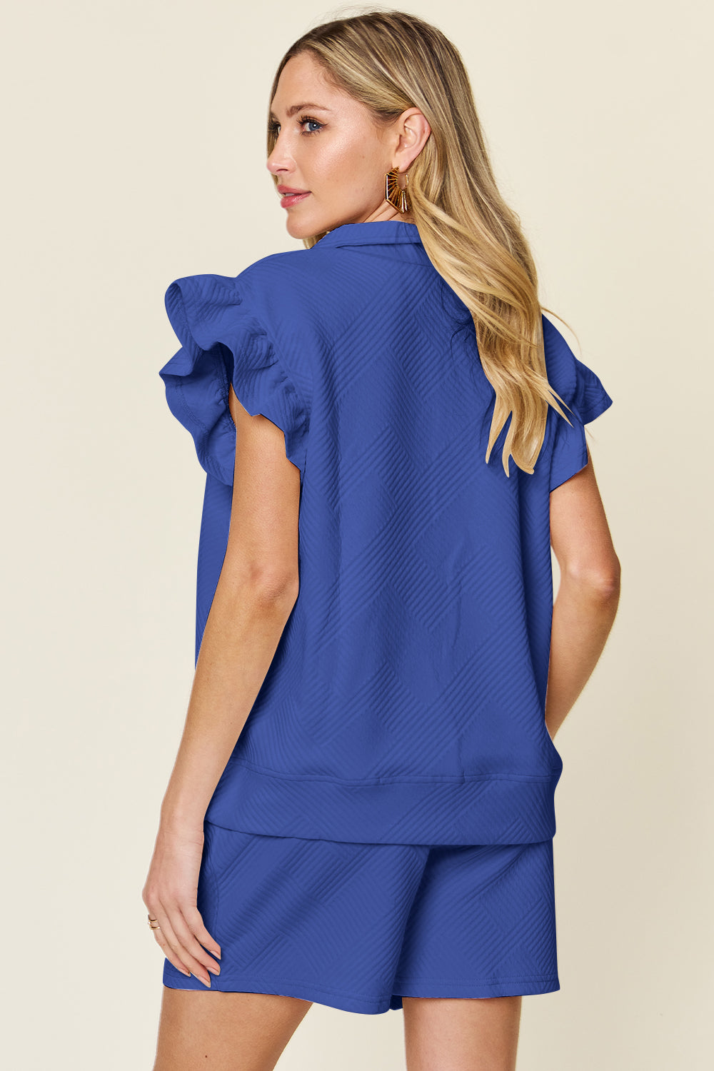 Double Take Full Size Texture Flounce Sleeve Top and Drawstring Shorts Set - Trandify Deal