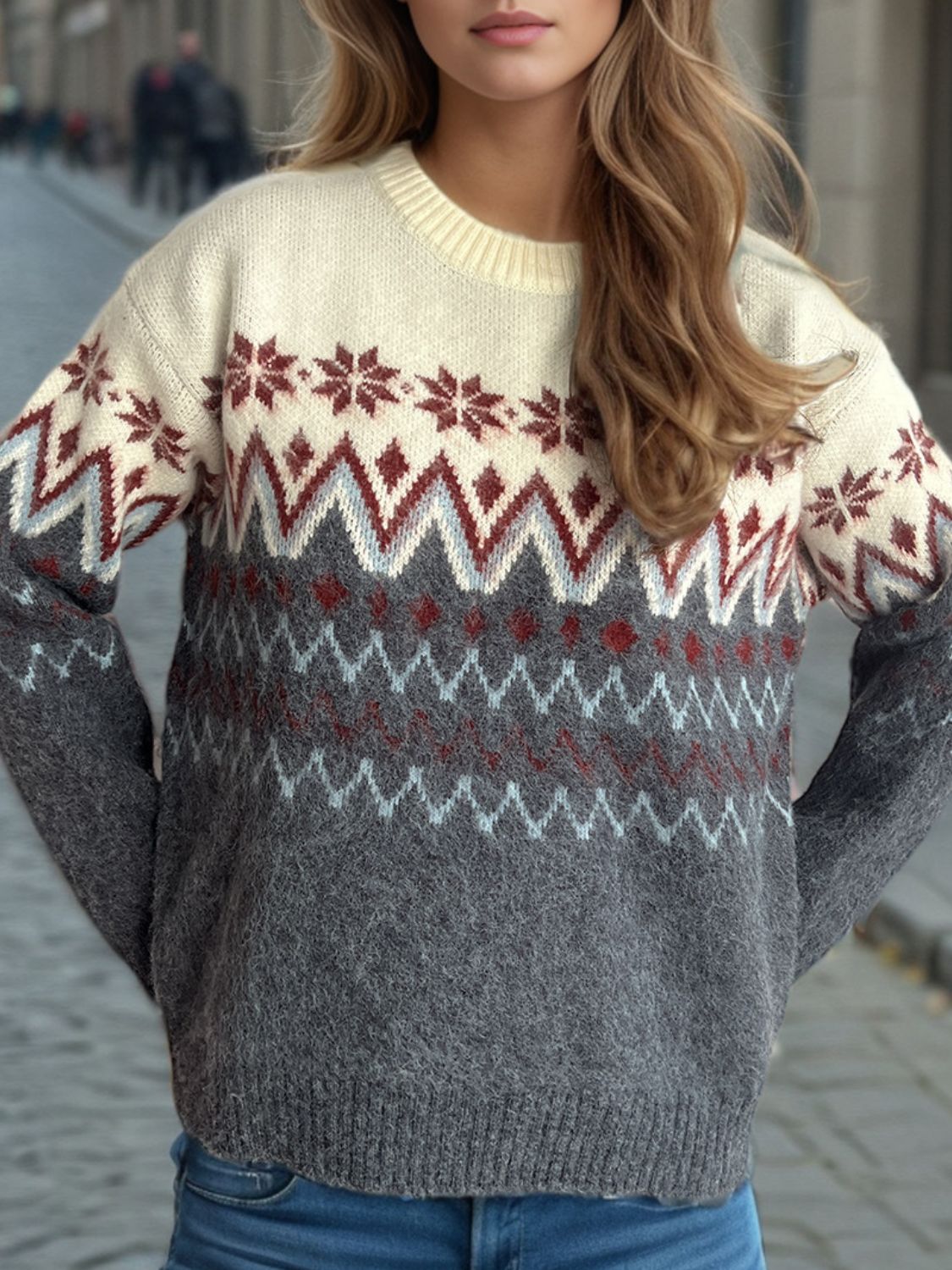 Chevron Contrast Round Neck Long Sleeve Sweater Trandify Deal