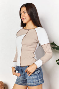 Double Take Color Block Exposed Seam Top Trandify Deal