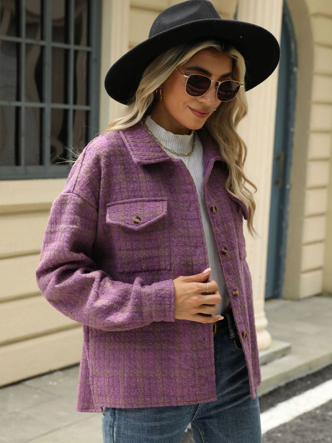 Plaid Collared Neck Long Sleeve Jacket Trandify Deal
