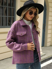 Plaid Collared Neck Long Sleeve Jacket Trandify Deal