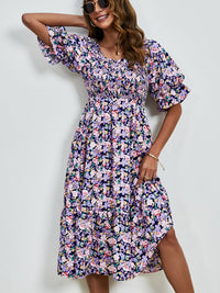 Smocked Floral Square Neck Short Sleeve Dress Trandify deal