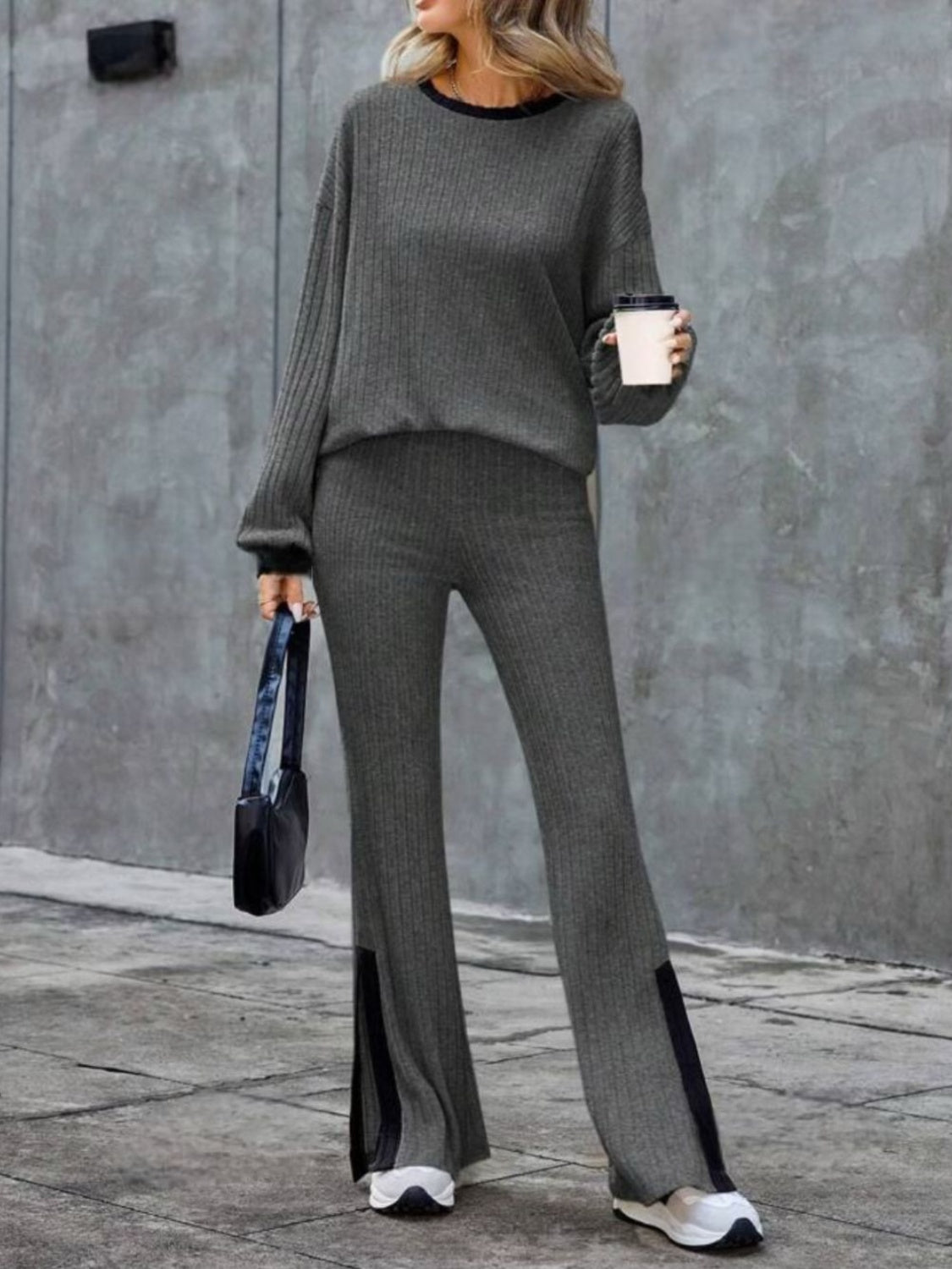 Contrast Round Neck Long Sleeve Top and Bootcut Pants Set Trandify Deal