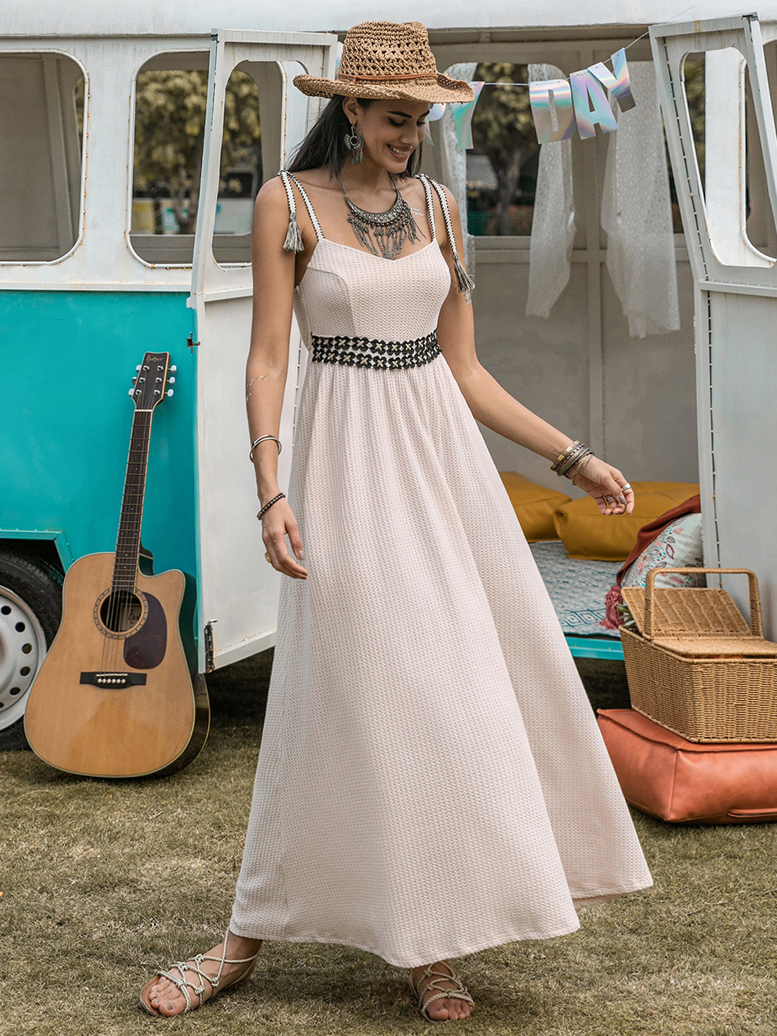 Waffle-Knit Tied Spaghetti Strap Dress Trandify Deal