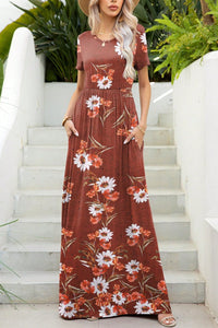 Printed Round Neck Short Sleeve Maxi Dress Trandify deal