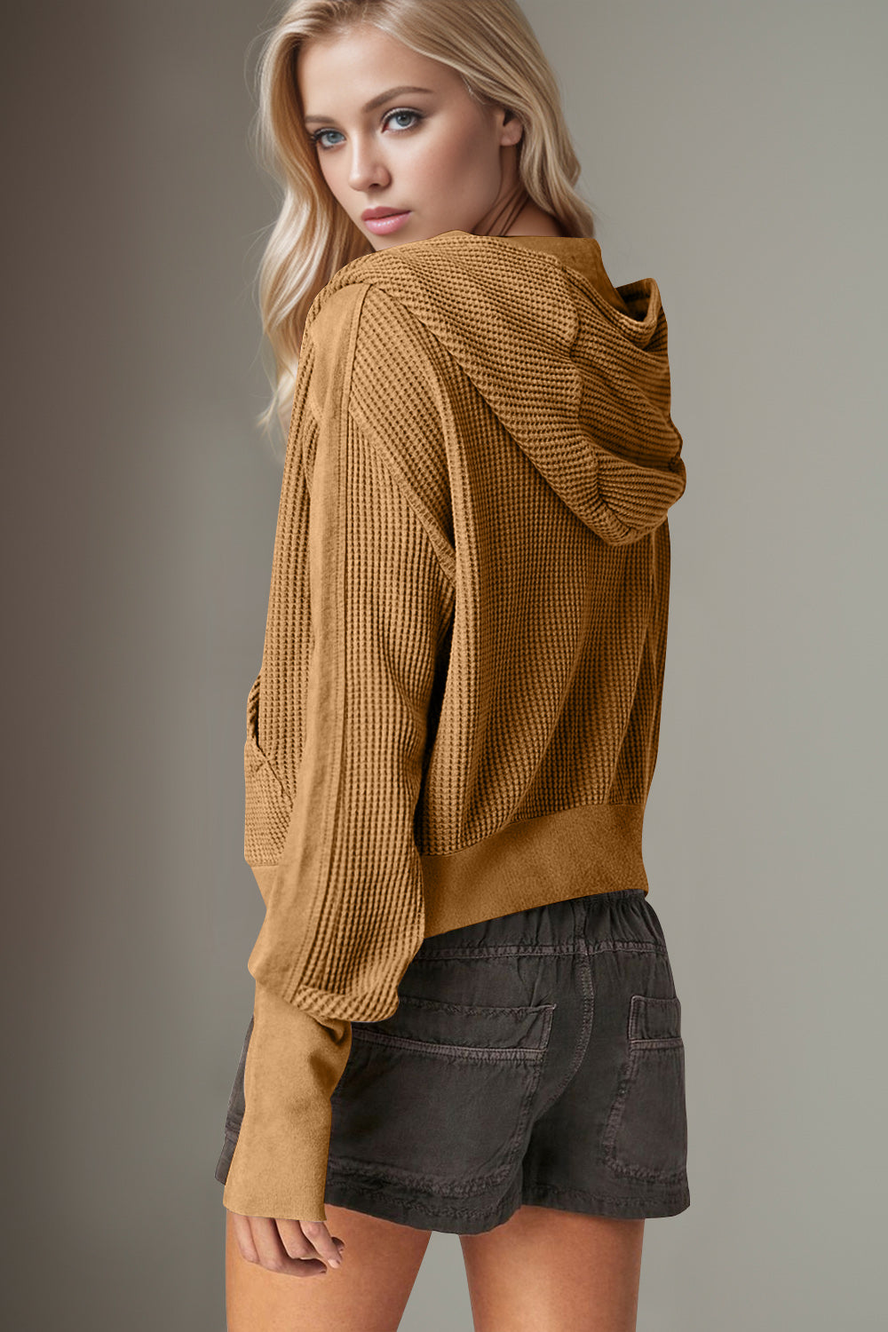 Double Take Waffle-Knit Zip Up Long Sleeve Hooded Jacket Trandify Deal