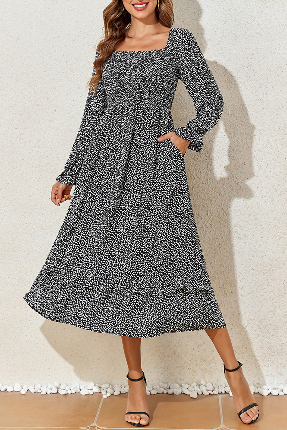 Printed Square Neck Long Sleeve Midi Dress Trandify Deal