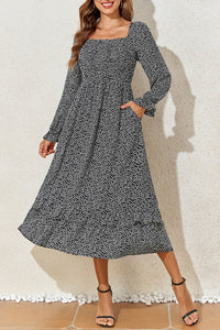 Printed Square Neck Long Sleeve Midi Dress Trandify Deal