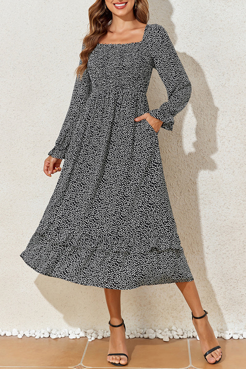 Printed Square Neck Long Sleeve Midi Dress Trandify Deal