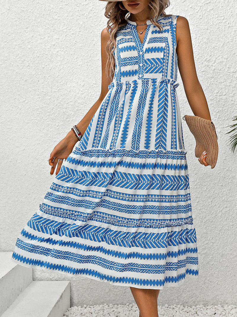 Perfee Frill Printed Notched Sleeveless Dress Trandify deal