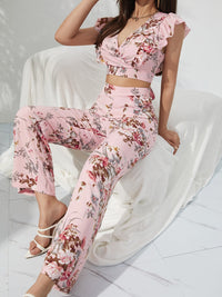 Printed Surplice Cap Sleeve Top and Pants Set Trandify deal