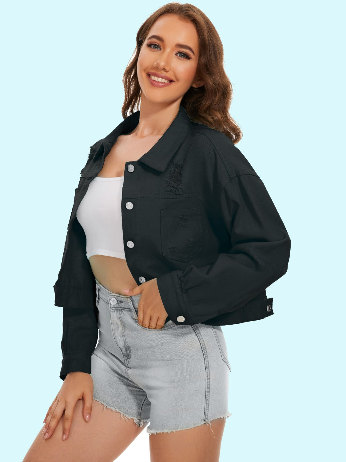 Distressed Distressed Button Up Denim Jacket Trandify deal