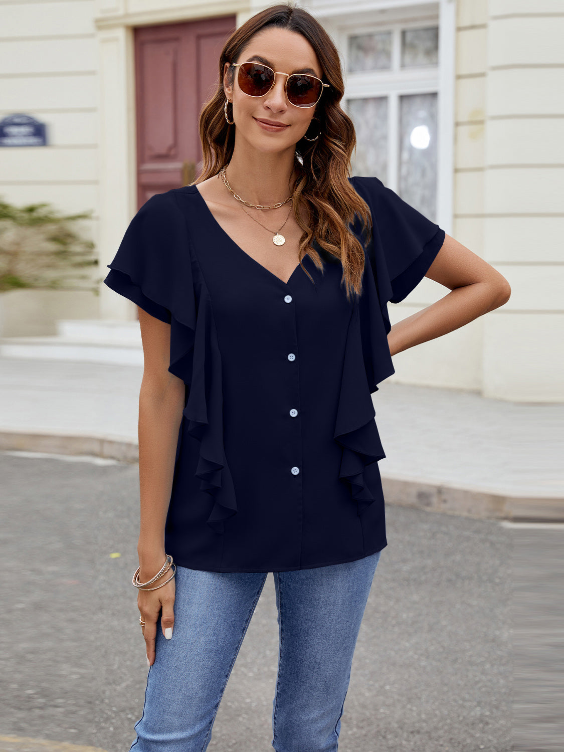 Ruffled V-Neck Short Sleeve Top Trandify deal