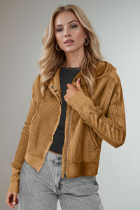 Double Take Waffle-Knit Zip Up Long Sleeve Hooded Jacket Trandify Deal