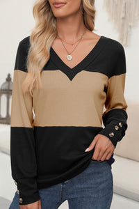 Color Block V-Neck Long Sleeve Top Trandify Deal