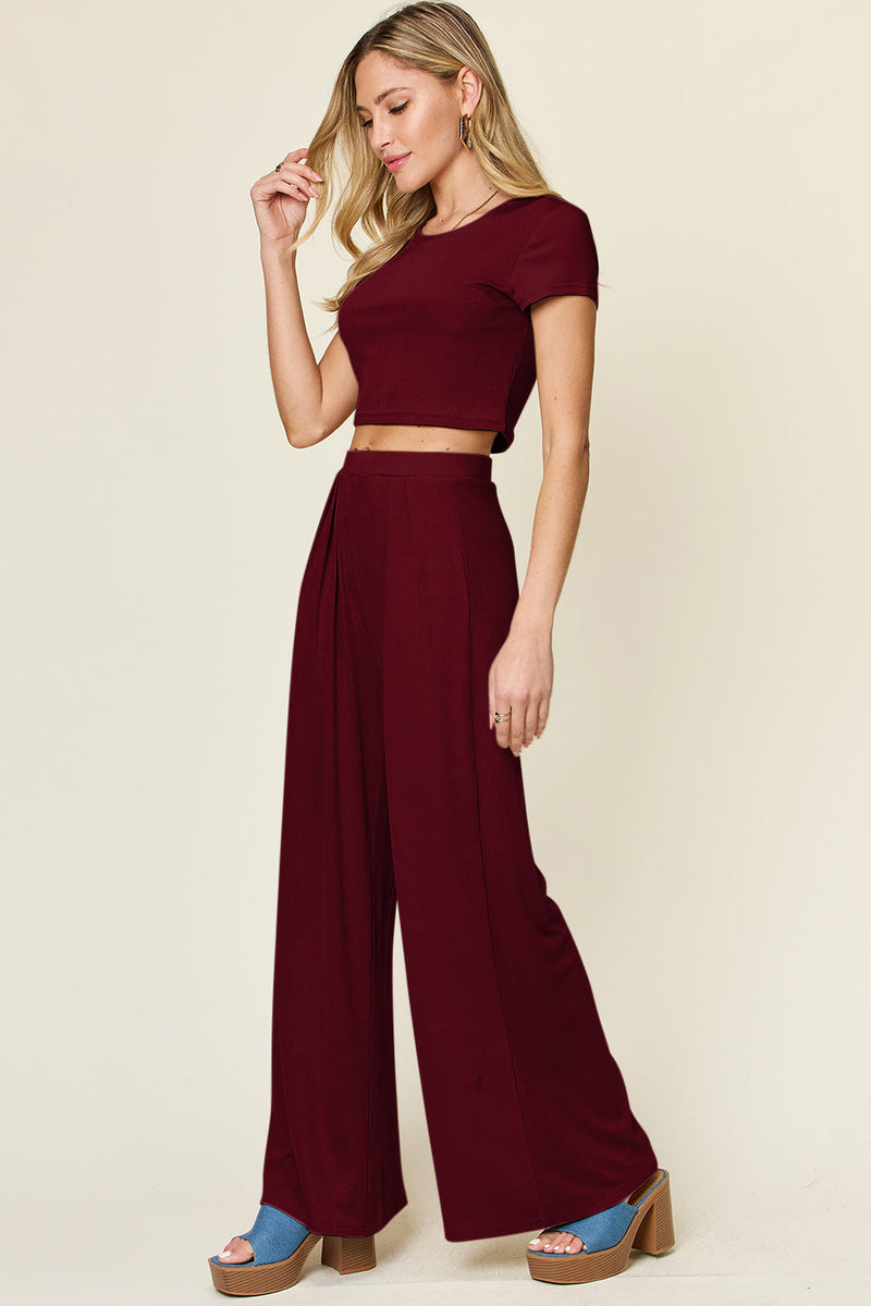 Double Take Full Size Round Neck Top and Pants Set Trandify deal