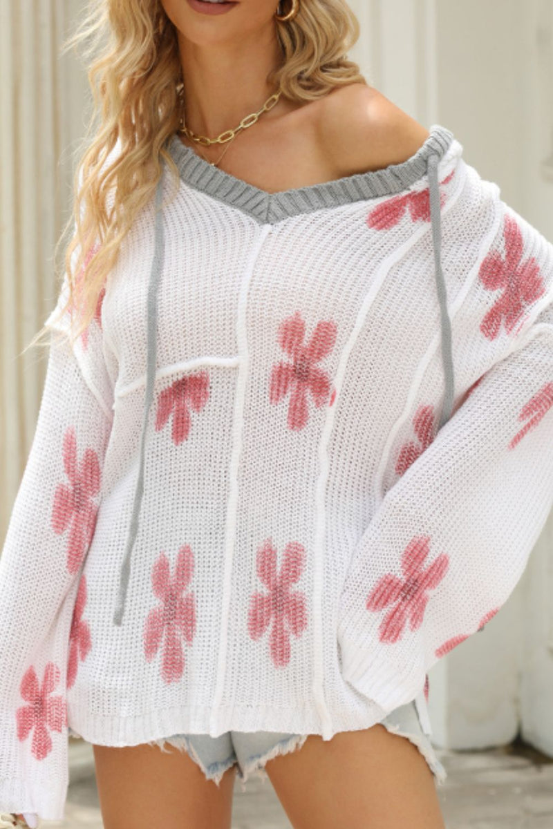 Drawstring Flower Hooded Knit Top Trandify Deal