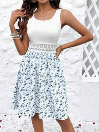 Lace Detail Floral Round Neck Sleeveless Dress Trandify deal