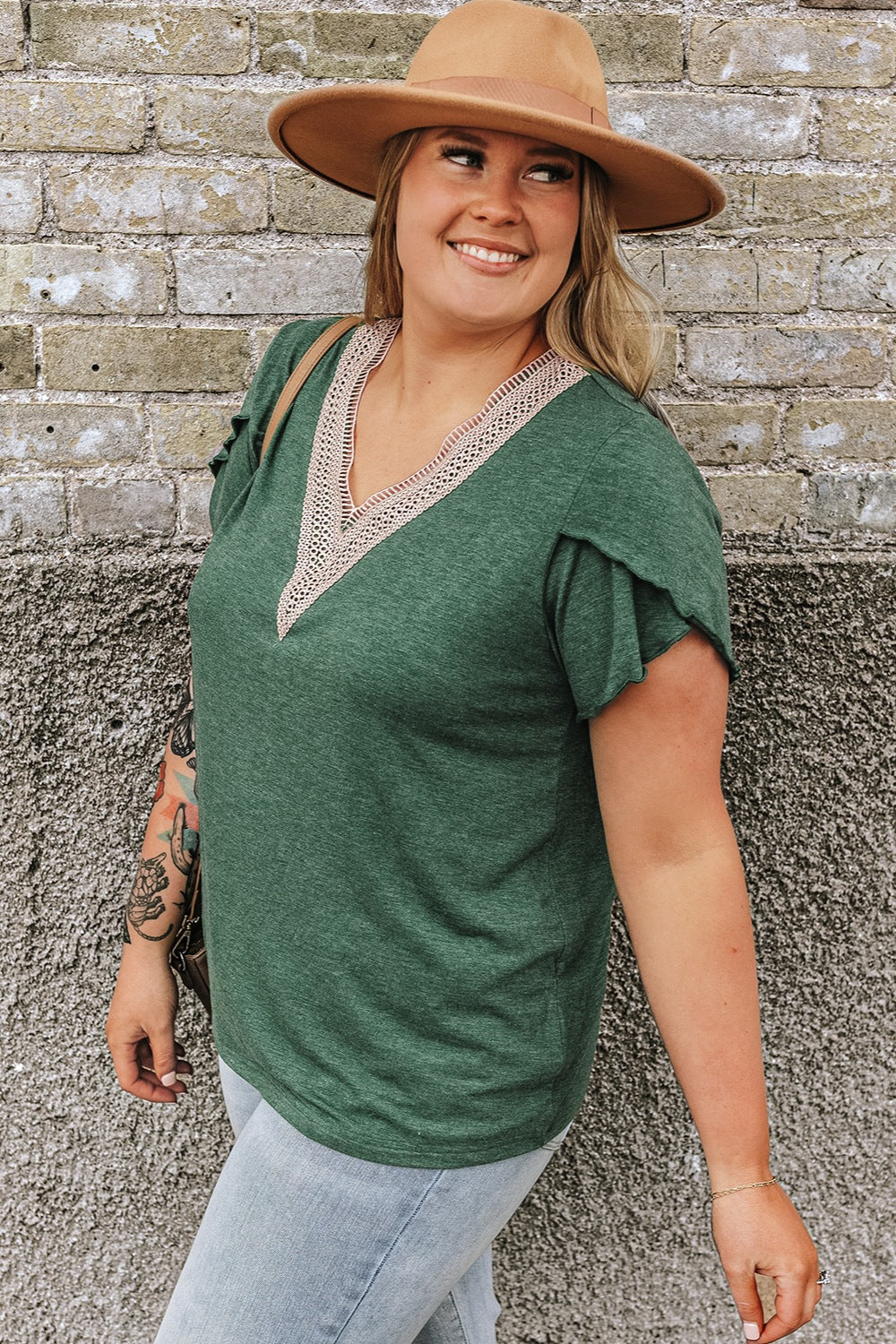 Plus Size V-Neck Petal Sleeve Blouse - Trandify Deal