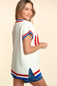 Haptics Letter Embroidery Slit Knit Top Trandify deal