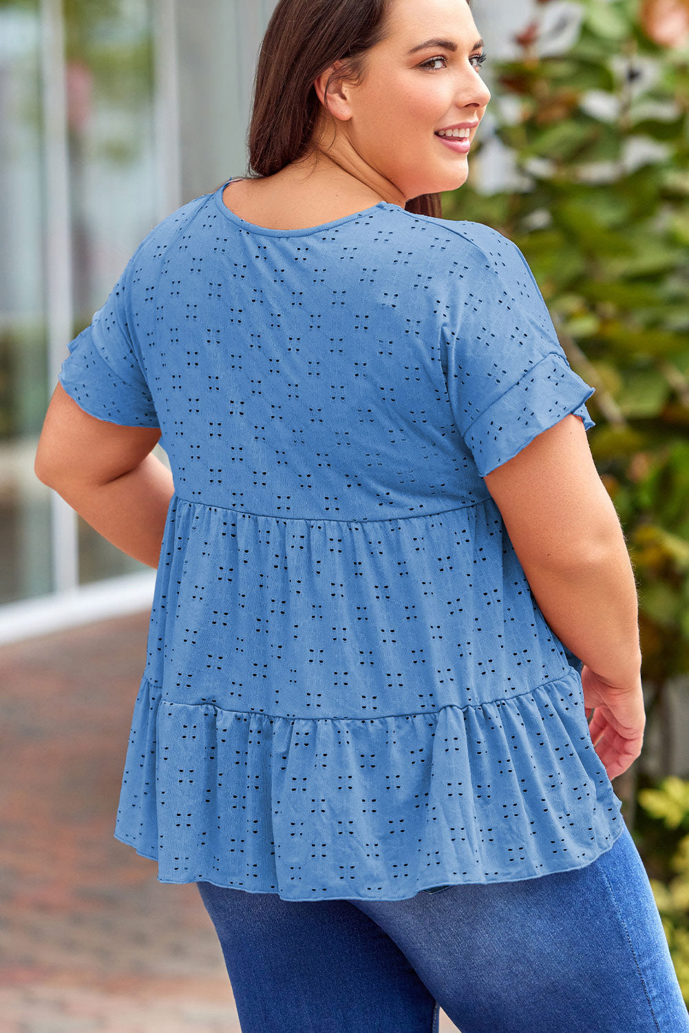 Plus Size Eyelet Round Neck Short Sleeve Blouse Trandify deal