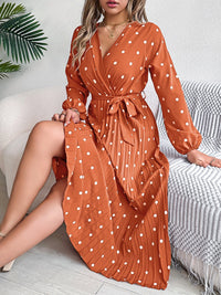 Tied Polka Dot Long Sleeve Midi Dress Trandify deal