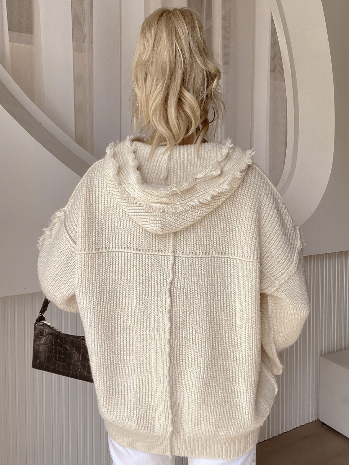 Drawstring Fringe Hem Long Sleeve Hooded Sweater Trandify Deal