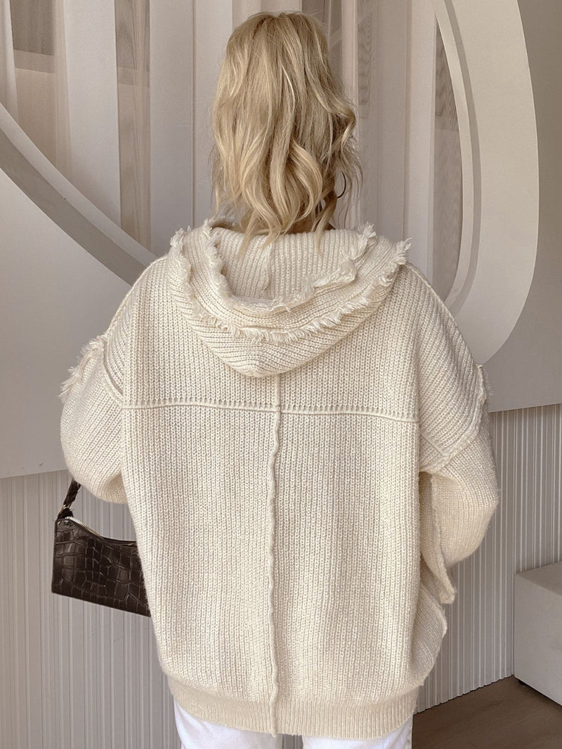 Drawstring Fringe Hem Long Sleeve Hooded Sweater Trandify Deal