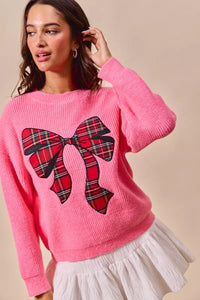 Women's Plaid Ribbon Christmas Sweater - Ugly Holiday