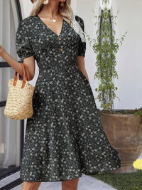 Printed V-Neck Short Sleeve Dress Trandify deal