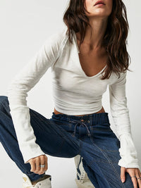 Exposed Seam Notched Long Sleeve T-Shirt Trandify Deal