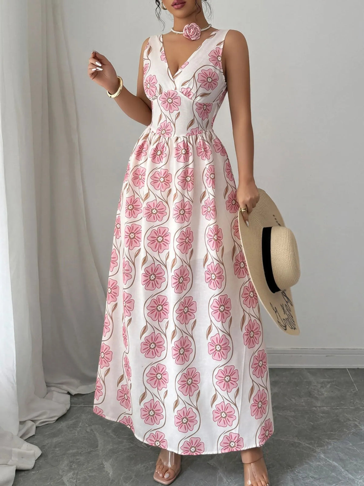 Floral Print Tie Back Maxi Dress – Women’s Boho Summer Long Sleeve Dress