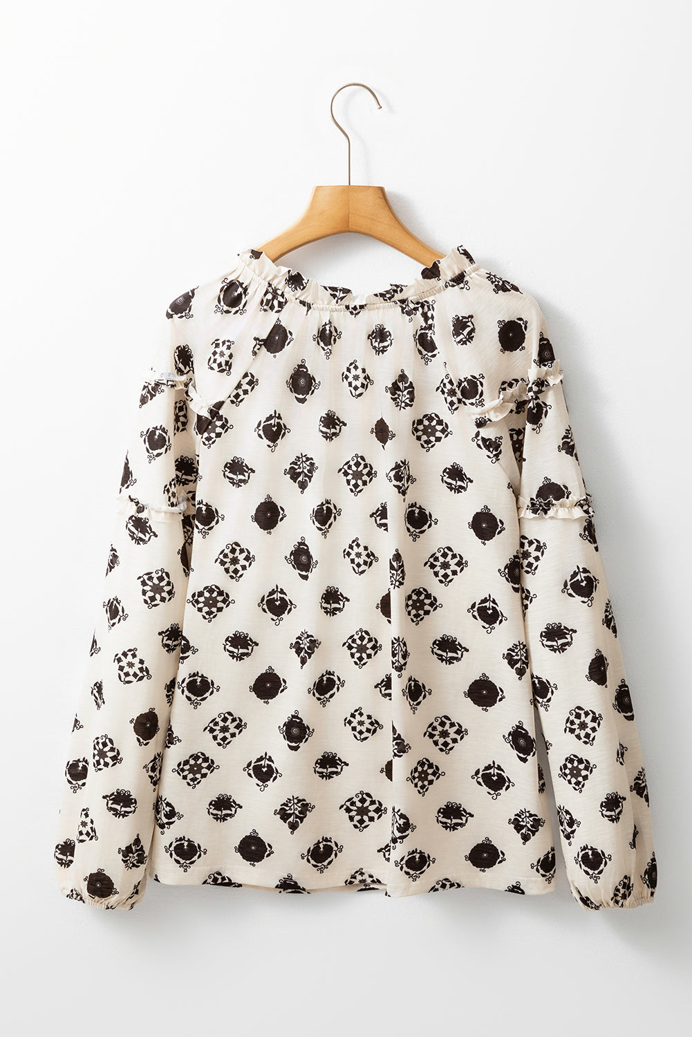 Printed Tie Neck Long Sleeve Blouse Trandify Deal