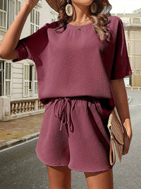 Waffle-Knit Half Sleeve Top and Shorts Set Trandify deal