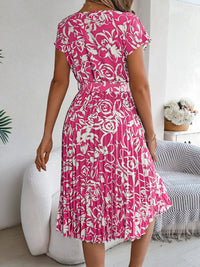 Tied Pleated Printed Short Sleeve Dress Trandify deal