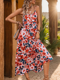 Perfee Frill Backless Printed Sleeveless Midi Dress Trandify Deal