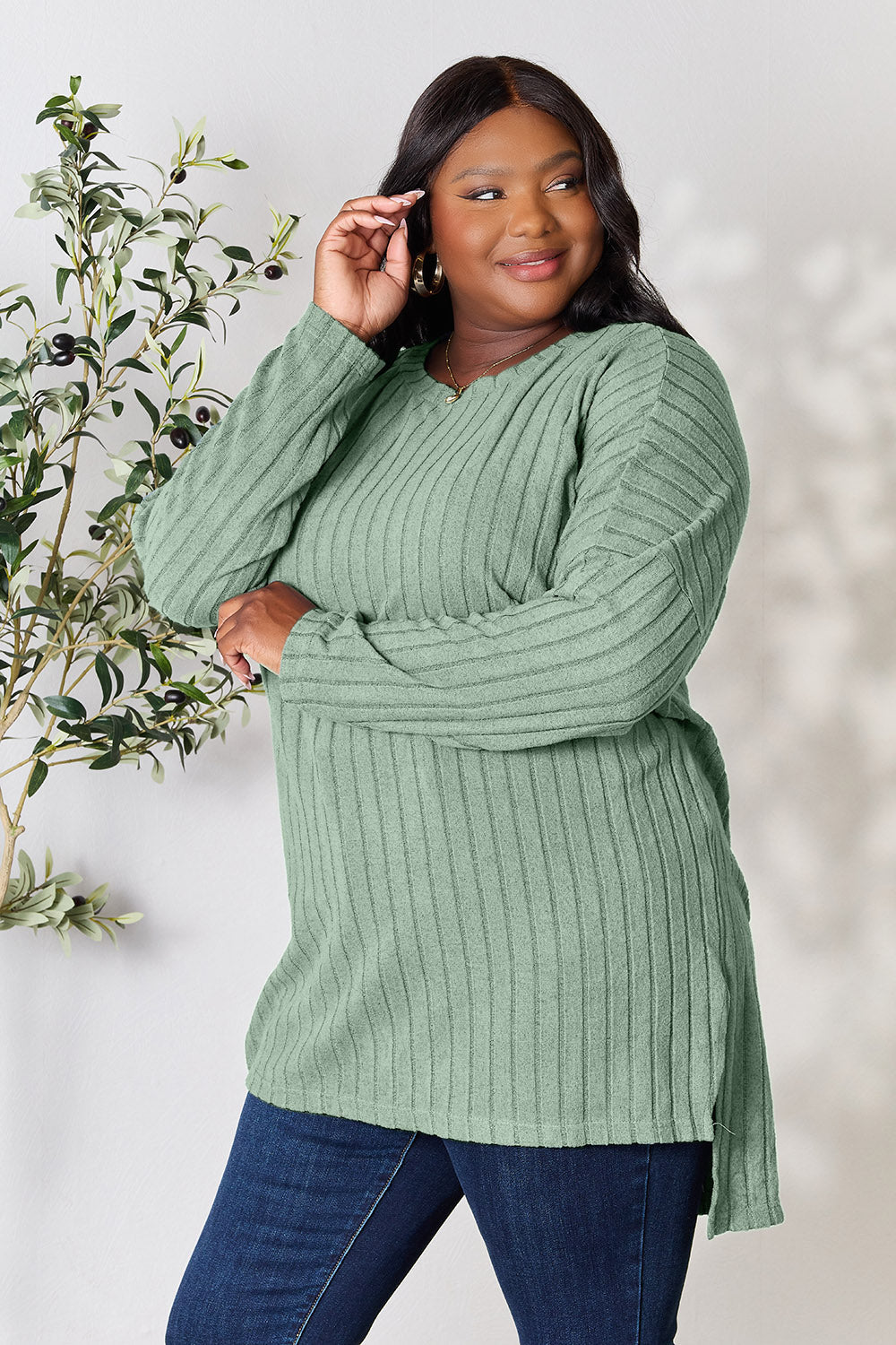 Basic Bae Full Size Ribbed Round Neck Long Sleeve Slit Top Trandify Deal