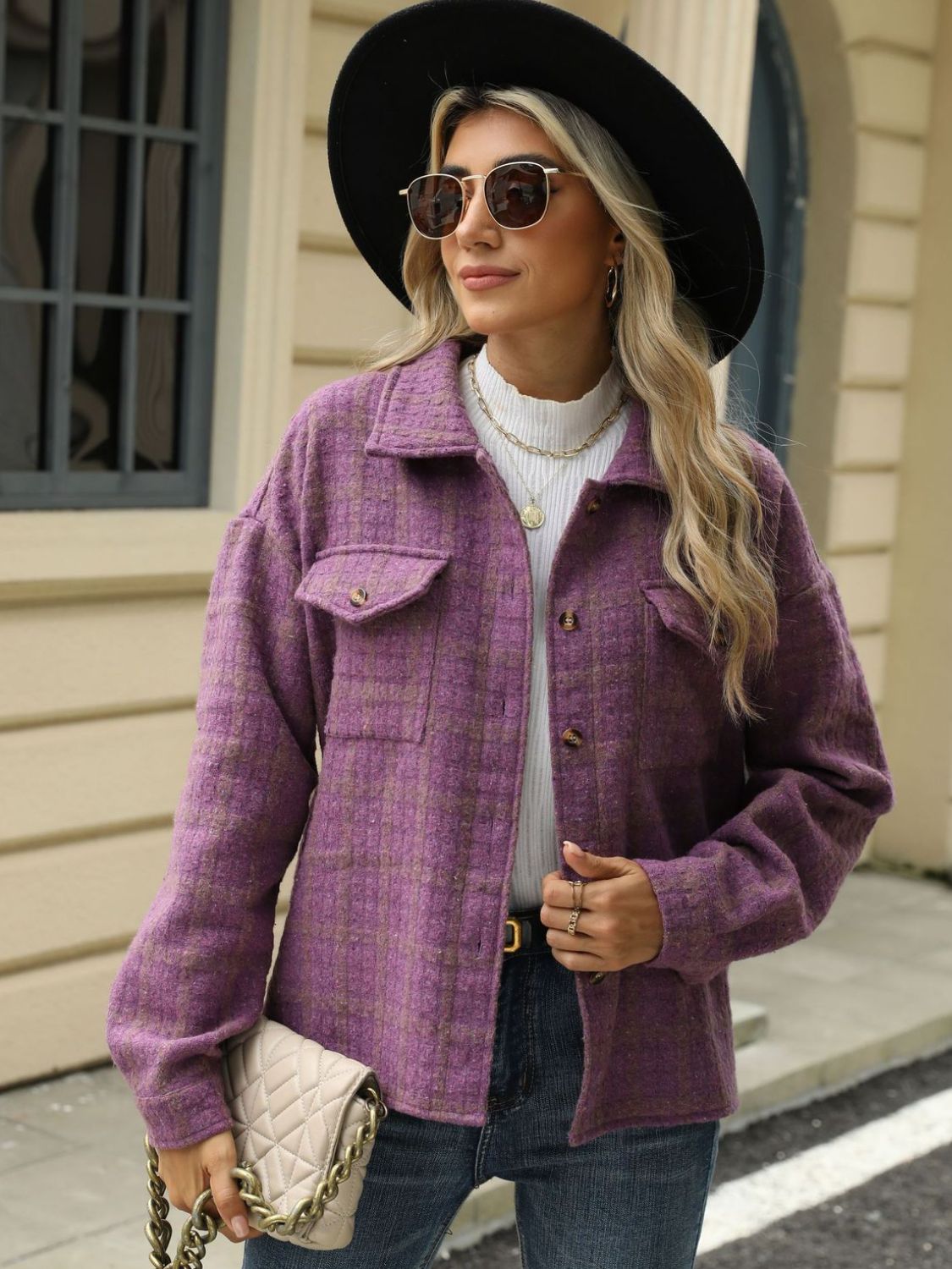 Plaid Collared Neck Long Sleeve Jacket Trandify Deal